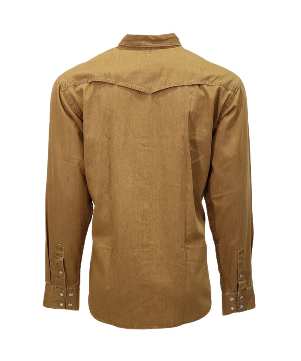 Back view of the men's washed tan denim snap shirt featuring the vented back yoke for airflow