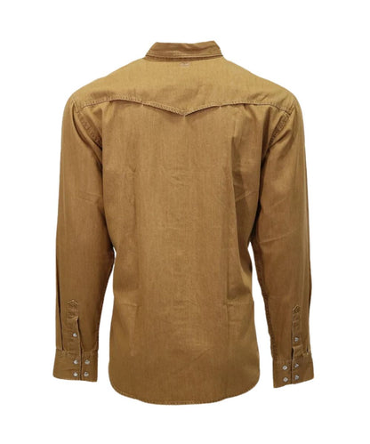 Back view of the men's washed tan denim snap shirt featuring the vented back yoke for airflow