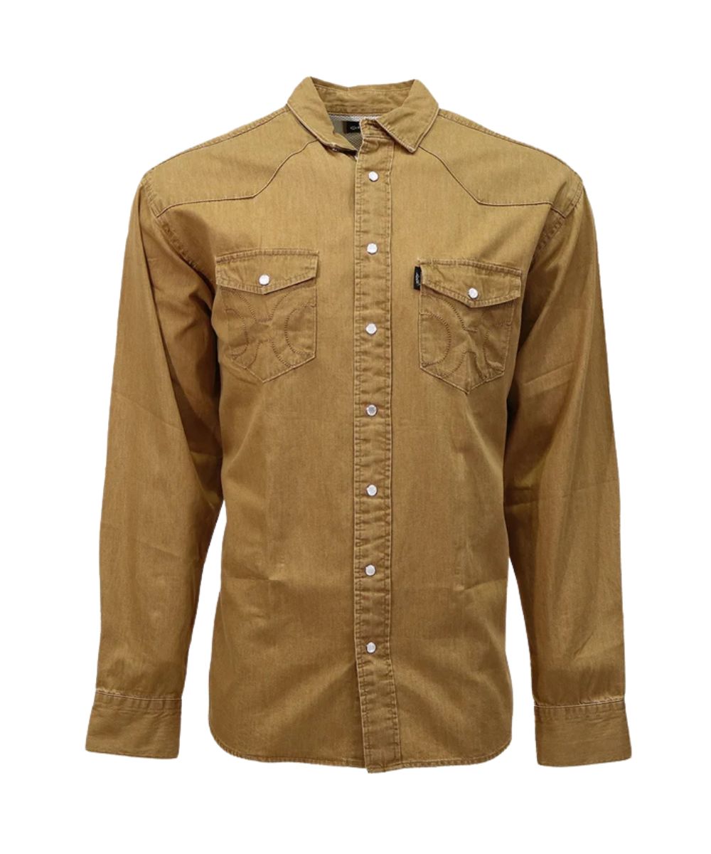 Front view of the men's washed tan long sleeve pearl snap shirt featuring the western yokes, chest pockets, sunglass sleeve, and denim chambray fabric