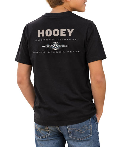 Model view of the boy's short sleeve graphic tee featuring the crew neck and screen prints