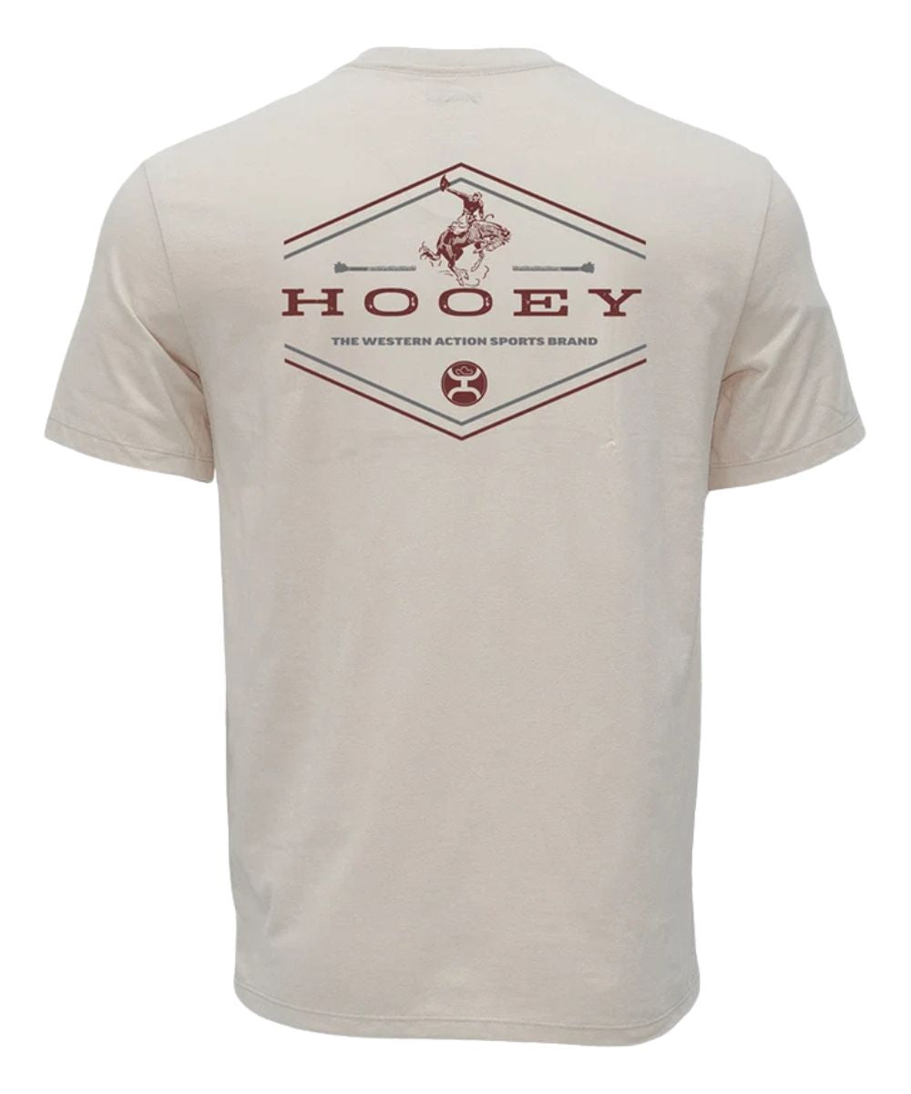 A cream-colored short-sleeve t-shirt shown from the back, featuring a maroon graphic print with the brand name 'HOOEY' and a cowboy silhouette.