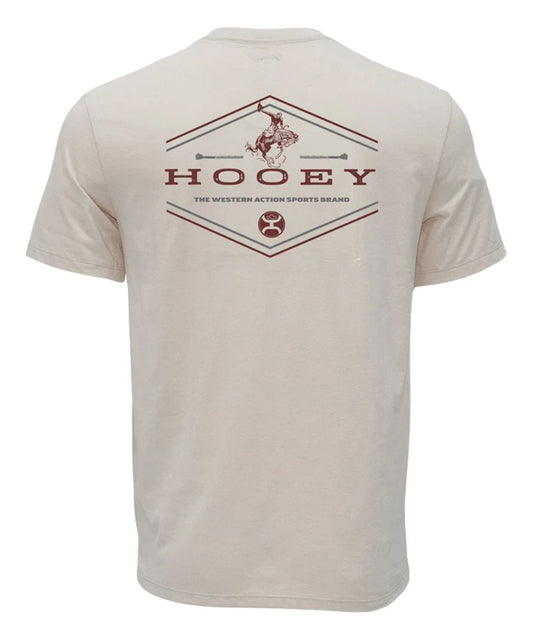 A cream-colored short-sleeve t-shirt shown from the back, featuring a maroon graphic print with the brand name 'HOOEY' and a cowboy silhouette.