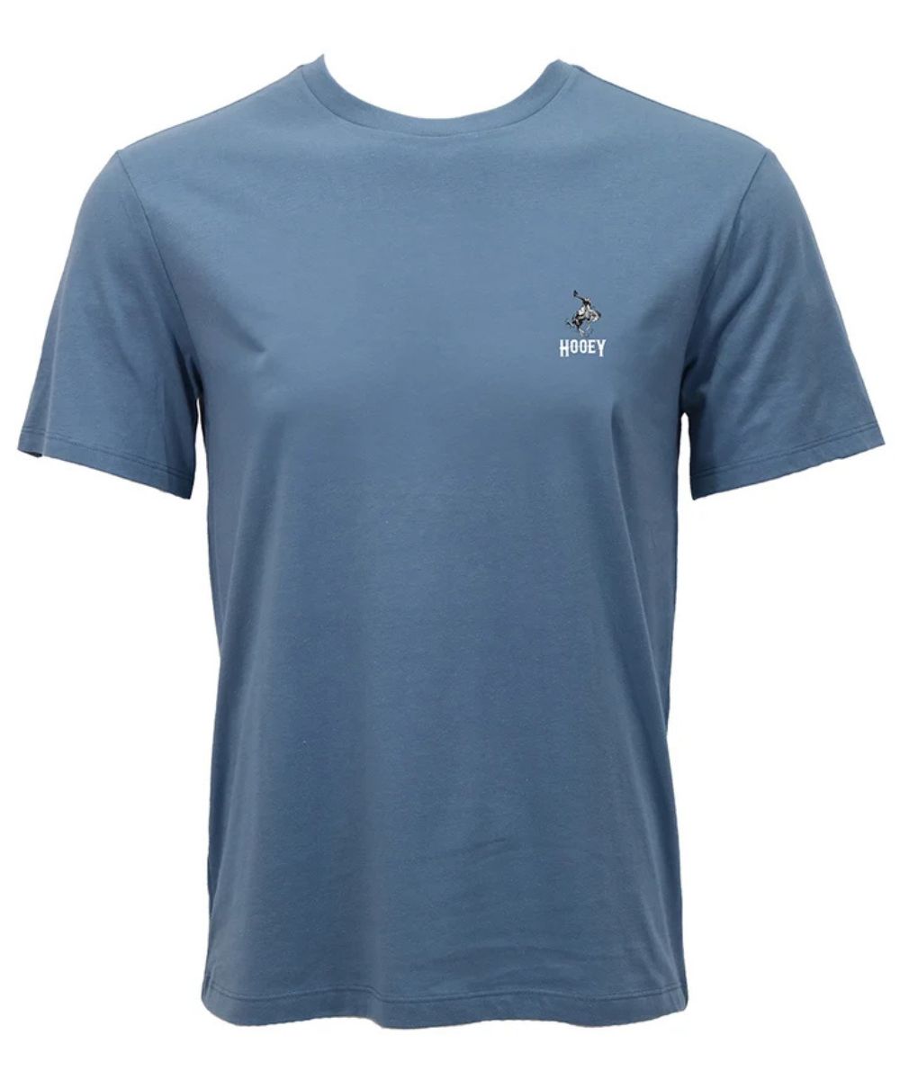 A slate blue short-sleeve crewneck t-shirt with a small embroidered logo on the left chest featuring a horse and rider and the text 'HOOEY'.
