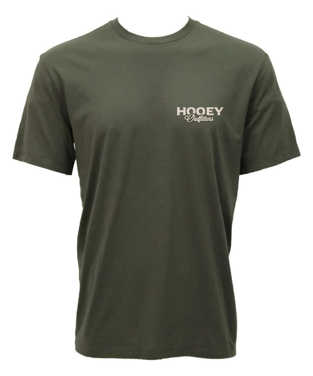 An olive green short-sleeve crewneck t-shirt with 'HOOEY Entertainment' printed in white on the left chest, displayed on a white background.