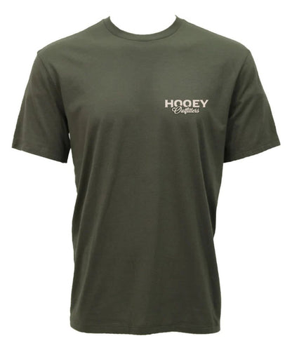 An olive green short-sleeve crewneck t-shirt with 'HOOEY Entertainment' printed in white on the left chest, displayed on a white background.