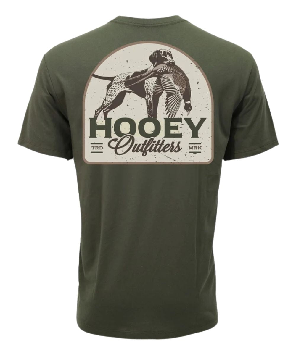 An olive green short-sleeve t-shirt shown from the back, featuring a large circular graphic print of a hunting dog with a duck and the text 'HOOEY Outfitters'.