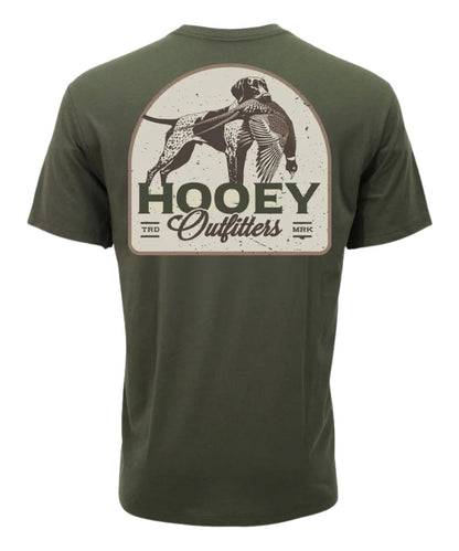 An olive green short-sleeve t-shirt shown from the back, featuring a large circular graphic print of a hunting dog with a duck and the text 'HOOEY Outfitters'.