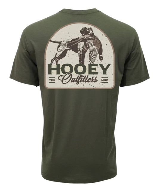 An olive green short-sleeve t-shirt shown from the back, featuring a large circular graphic print of a hunting dog with a duck and the text 'HOOEY Outfitters'.