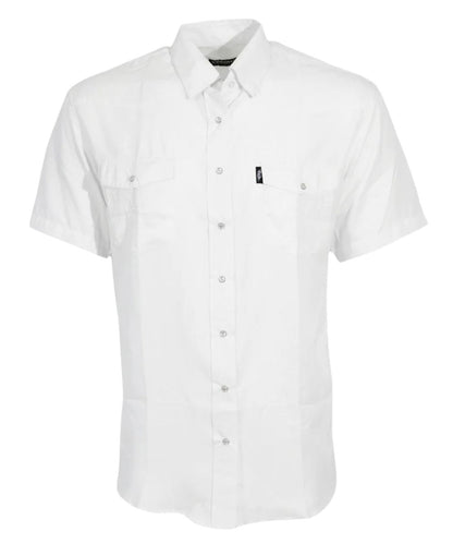 Front view of the men's short sleeve snap shirt featuring lightweight, fast drying, moisture wicking poly-ripstop fabric