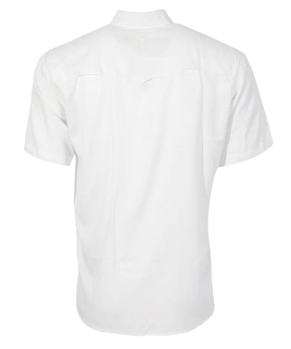 Back view of the men's white short sleeve snap shirt featuring a vented back yoke