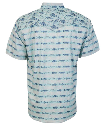Back view of the boy's cloud blue short sleeve snap shirt featuring vented back yoke with UPF protection