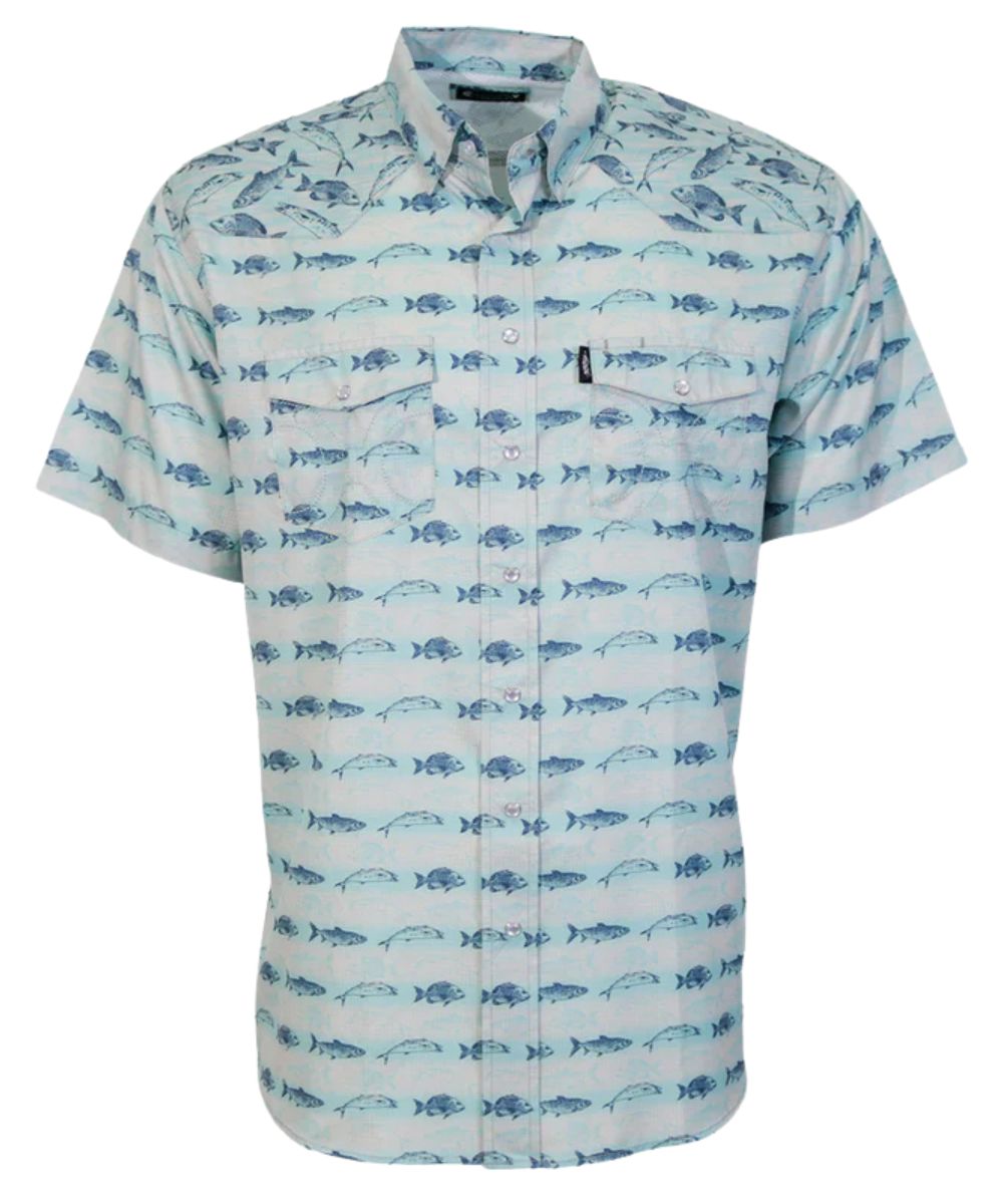 Front view of the men's light blue snapper fish short sleeve snap shirt featuring lightweight, fast drying, ripstop fabric