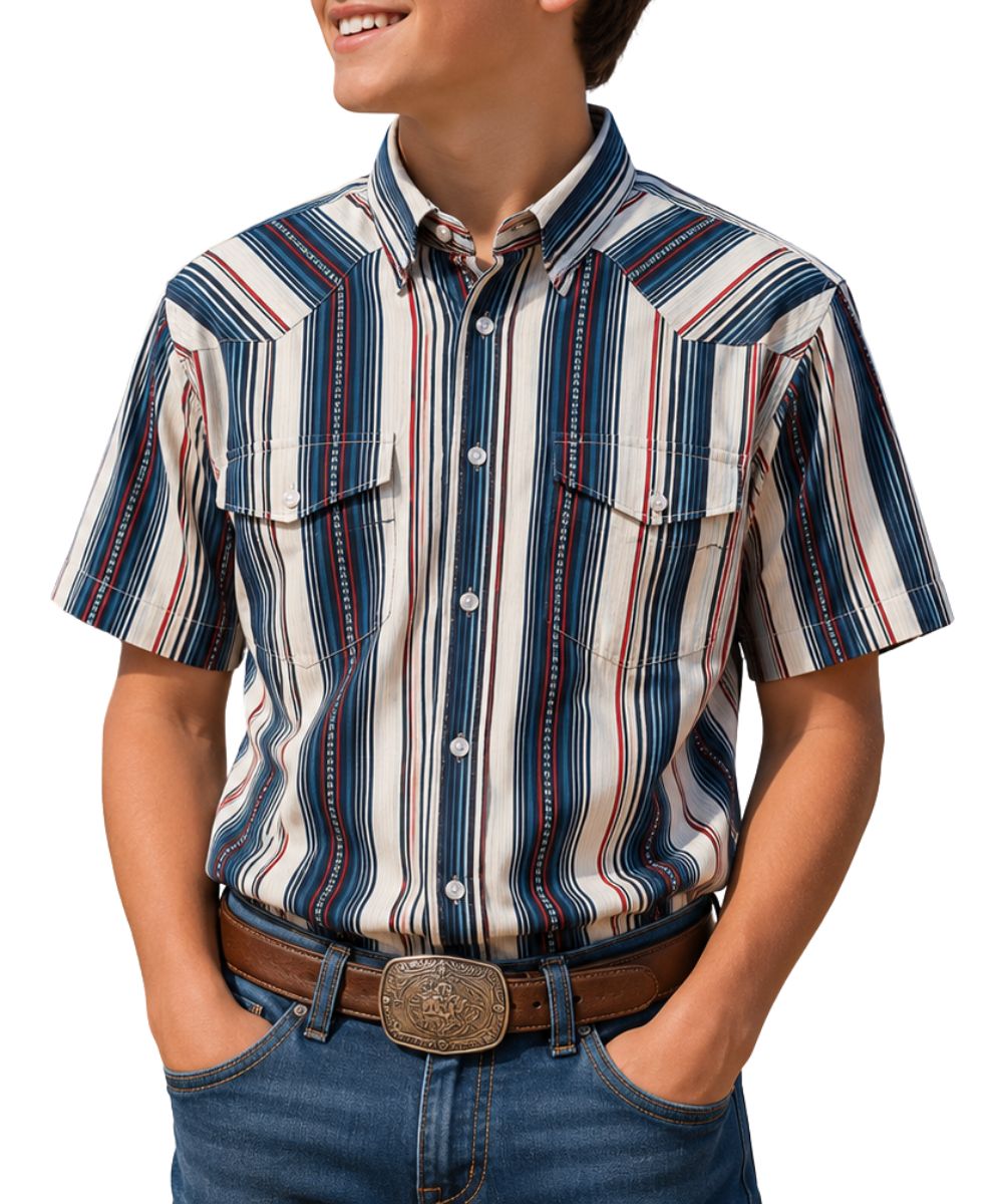 Front view of a boy modeling the grey short sleeve snap shirt featuring pearl snaps, red and blue striped print, and chest pockets