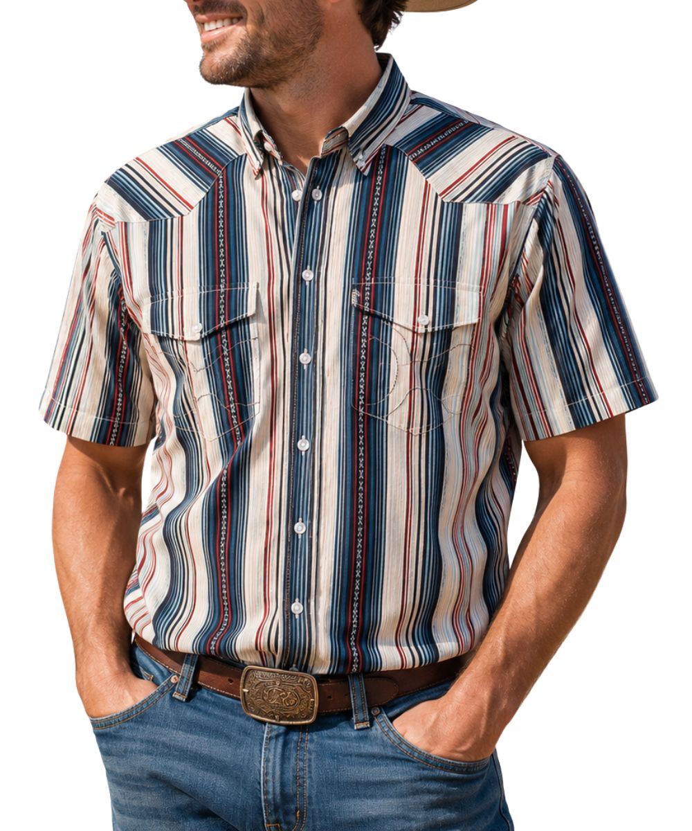 Front view of a man modeling the grey short sleeve snap shirt with red and blue stripes, pearl snaps, and chest pockets
