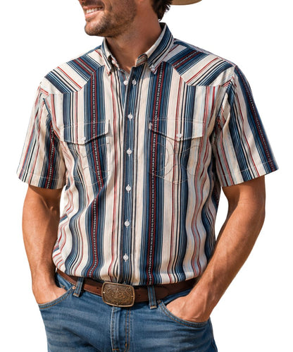Front view of a man modeling the grey short sleeve snap shirt with red and blue stripes, pearl snaps, and chest pockets