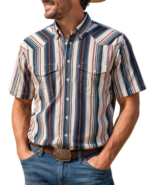 Front view of a man modeling the grey short sleeve snap shirt with red and blue stripes, pearl snaps, and chest pockets