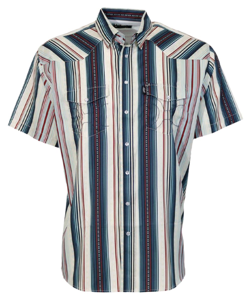 Front view of the men's grey short sleeve snap shirt featuring a lightweight and moisture wicking fabric