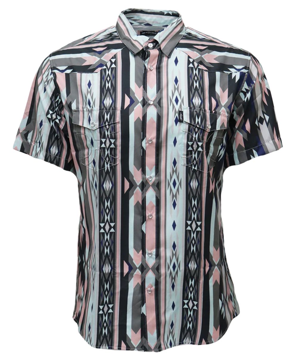Front view of the men's short sleeve snap shirt featuring a pink, teal, and black aztec print