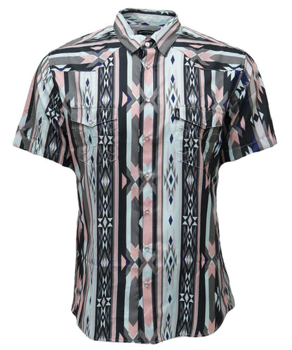 Front view of the men's short sleeve snap shirt featuring a pink, teal, and black aztec print