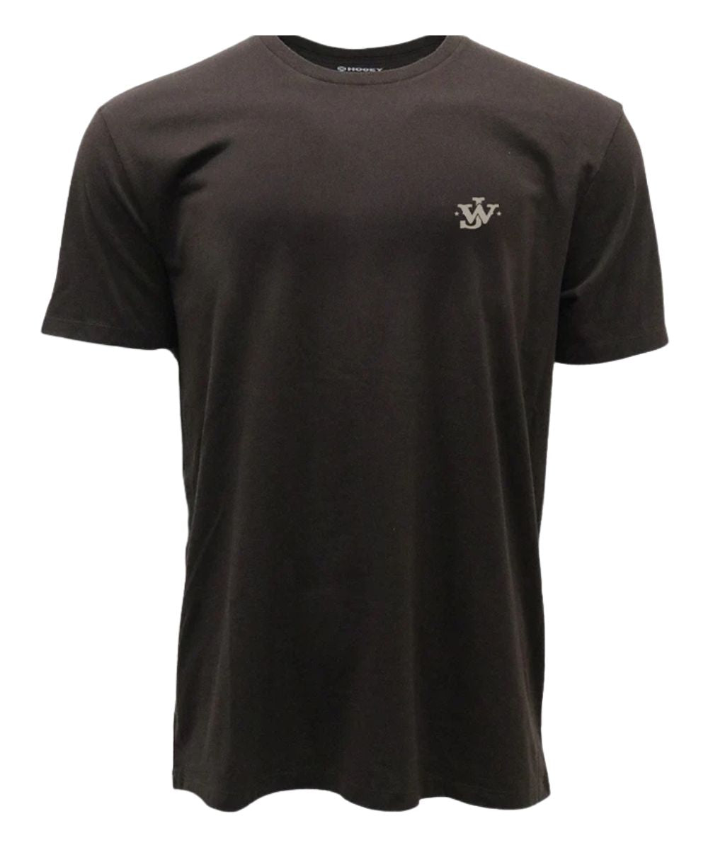 A dark brown short-sleeve crewneck t-shirt with a small printed logo on the left chest, displayed on a clean white background.
