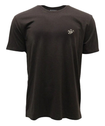 A dark brown short-sleeve crewneck t-shirt with a small printed logo on the left chest, displayed on a clean white background.