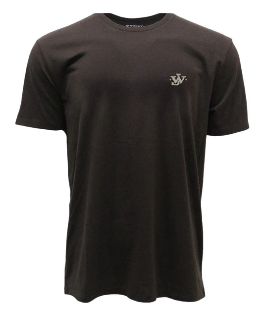 A dark brown short-sleeve crewneck t-shirt with a small printed logo on the left chest, displayed on a clean white background.