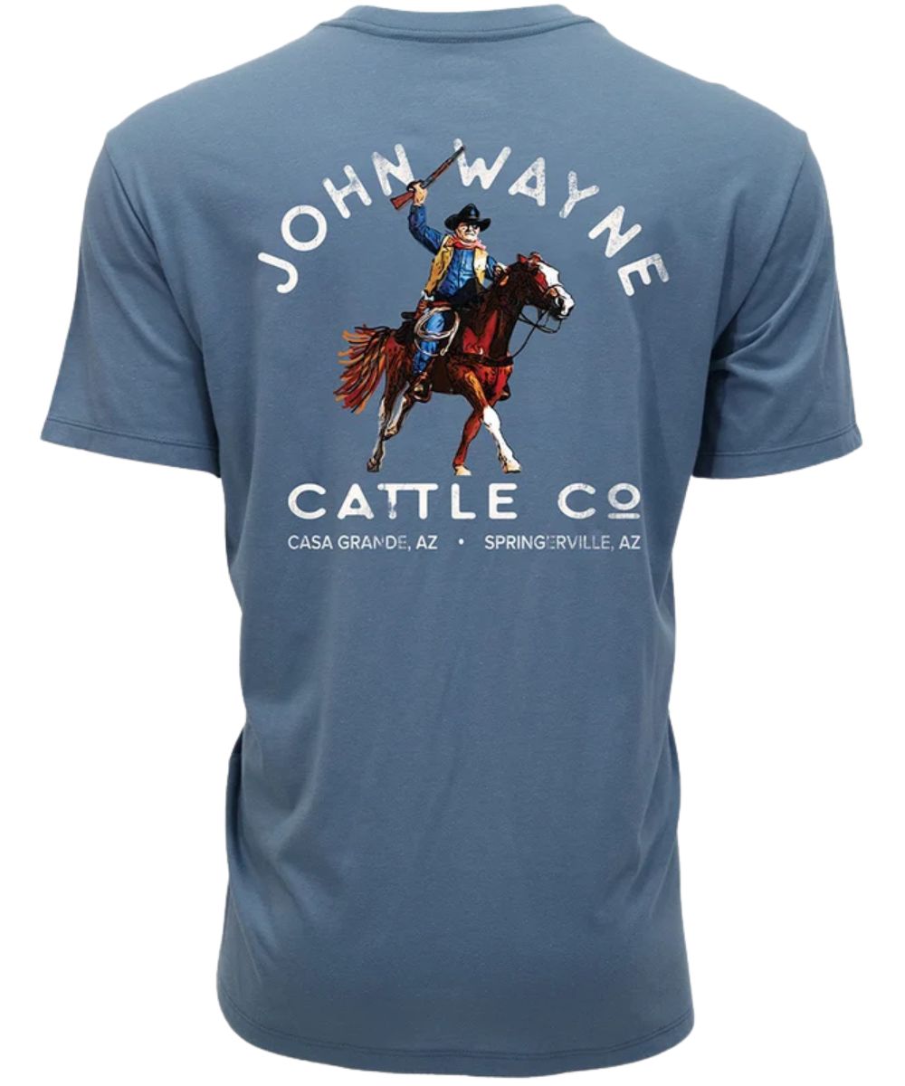 Back view of the boy's dark denim/blue John Wayne graphic tee
