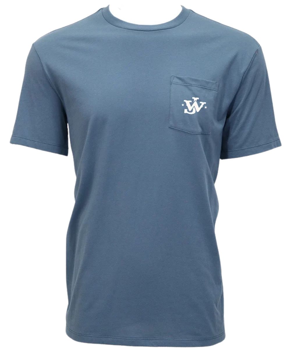 Front view of the boy's Hooey John Wayne Dark Denim Pocket T-Shirt featuring the chest pocket on the front with "JW" initials