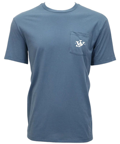 Front view of the boy's Hooey John Wayne Dark Denim Pocket T-Shirt featuring the chest pocket on the front with "JW" initials