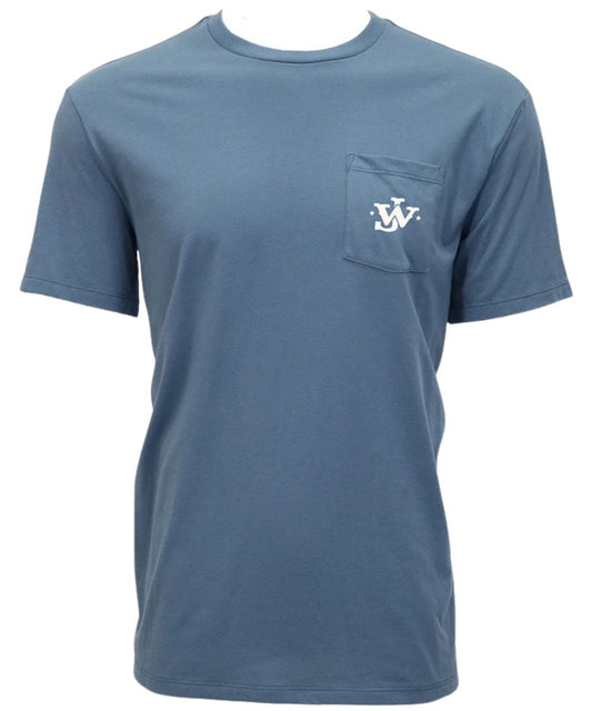 Front view of the boy's Hooey John Wayne Dark Denim Pocket T-Shirt featuring the chest pocket on the front with "JW" initials