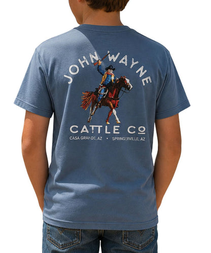 Model view of the boy's short sleeve tee featuring the John Wayne Graphic on the back that reads: "John Wayne Cattle Co"