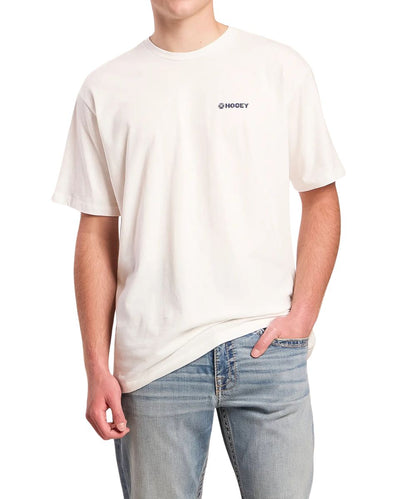 Front view of the men's cream tee with a small logo screen printed on the left chest