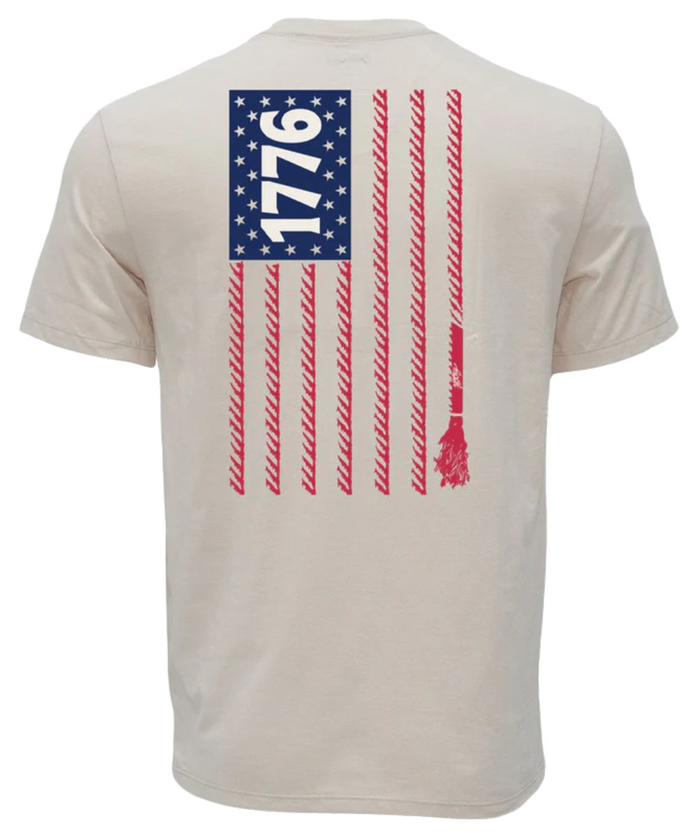 Back view of the men's cream cotton tee featuring an American flag graphic screen printed on the back