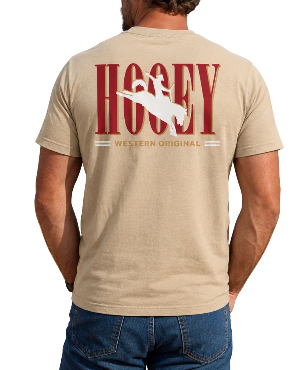 Back view of a man modeling the tan wild ride tee with large red bucking horse logo on the back