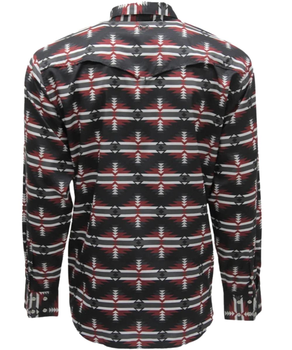 Back view of the men's black long sleeve aztec printed snap shirt featuring the vented back yoke
