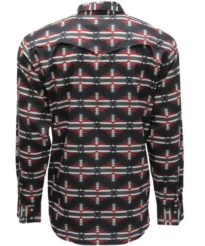 Back view of the men's black long sleeve aztec printed snap shirt featuring the vented back yoke