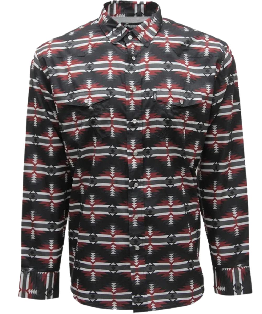 Front view of the men's Hooey Sol Long Sleeve Pearl Snap Shirt Black/Red Aztec featuring the UPF 40 protection, quick drying fabric, sunglass sleeve, and microfiber lens cloth