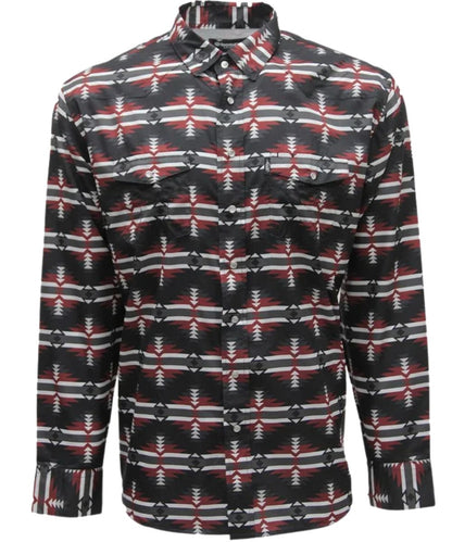 Front view of the men's Hooey Sol Long Sleeve Pearl Snap Shirt Black/Red Aztec featuring the UPF 40 protection, quick drying fabric, sunglass sleeve, and microfiber lens cloth