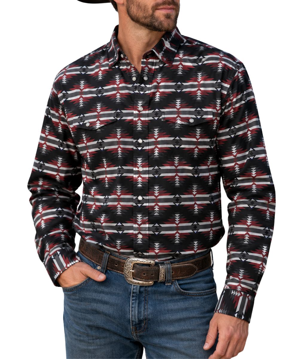 Model view of the men's black long sleeve pearl snap shirt featuring the red aztec print, and lightweight, moisture wicking ripstop fabric