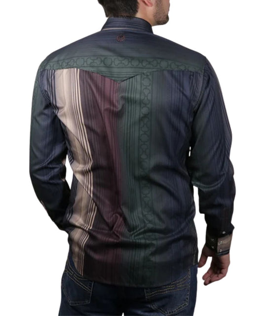 Back view of the men's green striped snap shirt featuring the vented back yoke to facilitate airflow