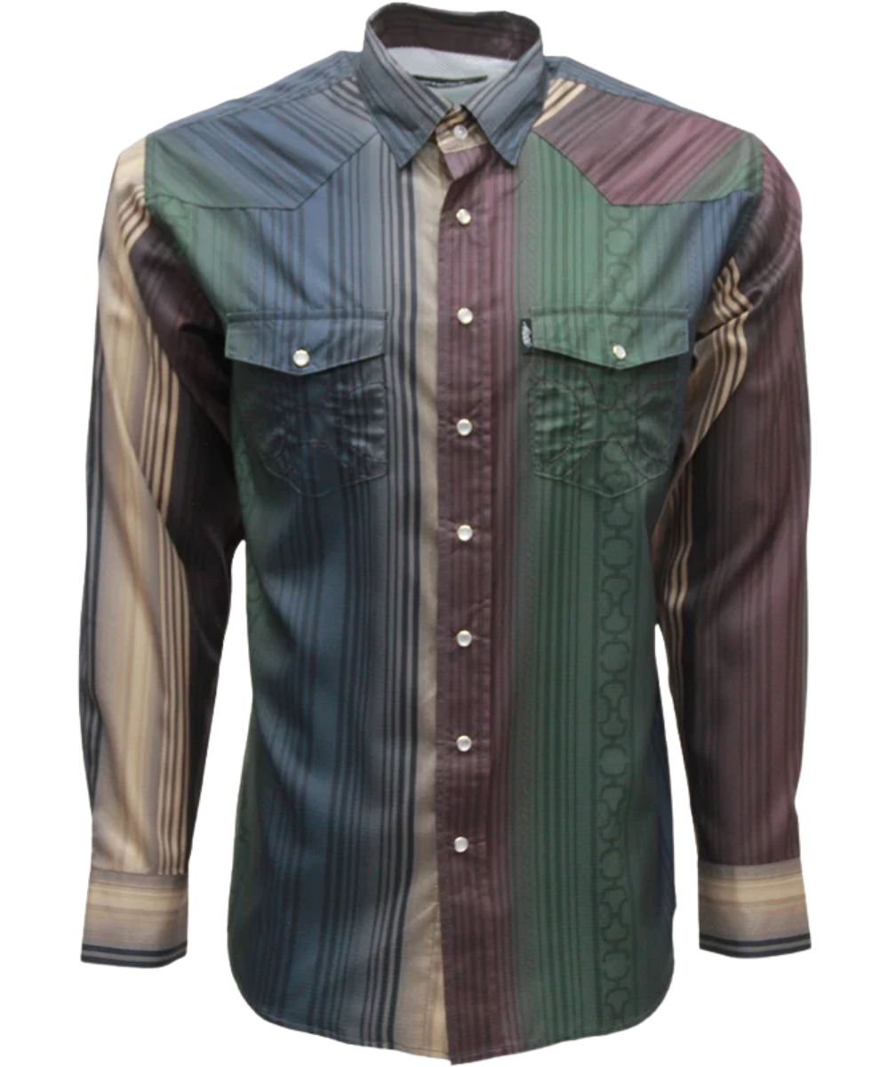 Flat front view of the men's long sleeve pearl snap shirt featuring the UPF 40 protection, moisture wicking, quick drying, and lightweight performance properties