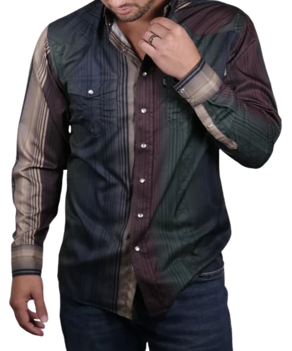 Front view of the men's Hooey Sol Snap Shirt featuring the green, maroon, and blue striped print, western yokes, and pearl snaps