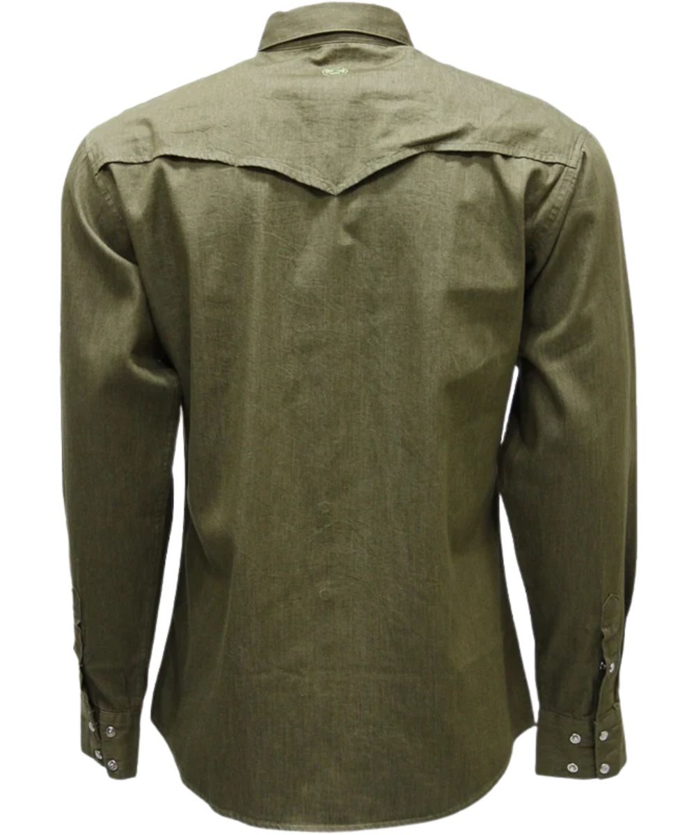Back view of the men's long sleeve pearl snap shirt featuring the vented back yoke and adjustable snap cuffs