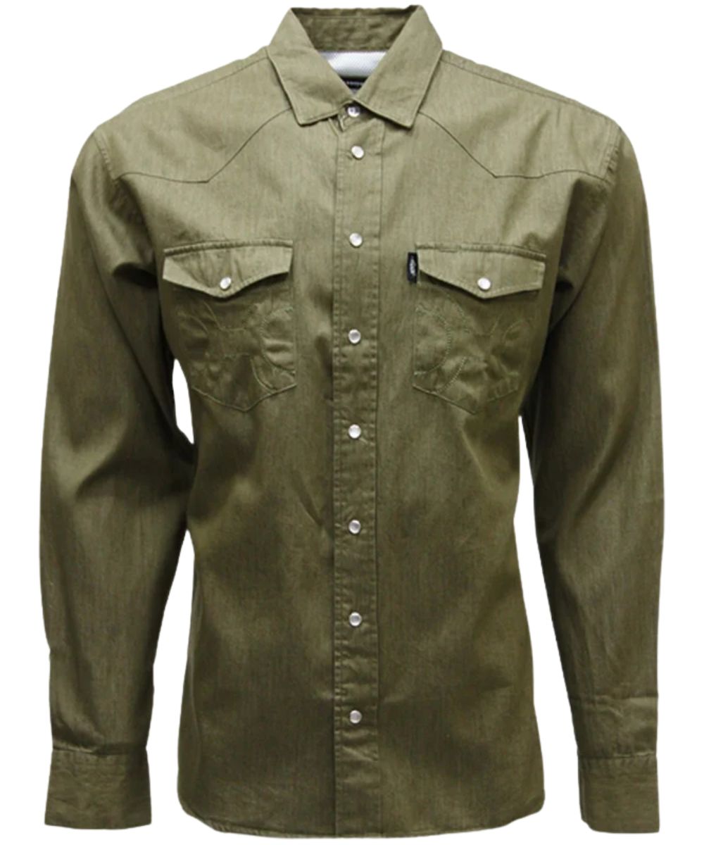 Front view of the men's Hooey Del Denim Chambray Long Sleeve Pearl Snap Shirt Dark Green featuring the athletic fit with shirt tail hem, sunglass sleeve in the chest pocket, and lens cloth hidden in the hem