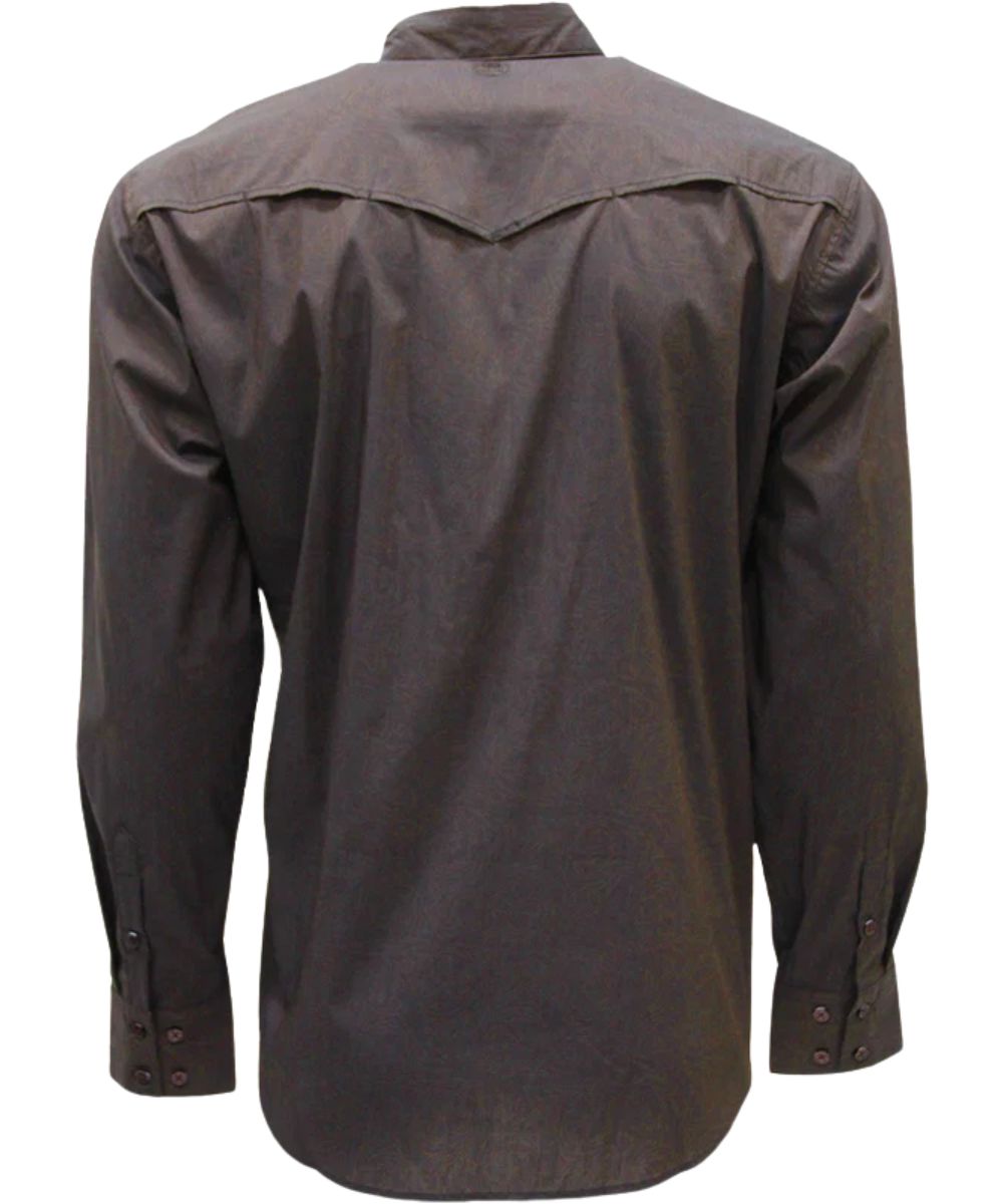 Back view of the men's long sleeve button down shirt featuring the single point western yokes and vented back yoke