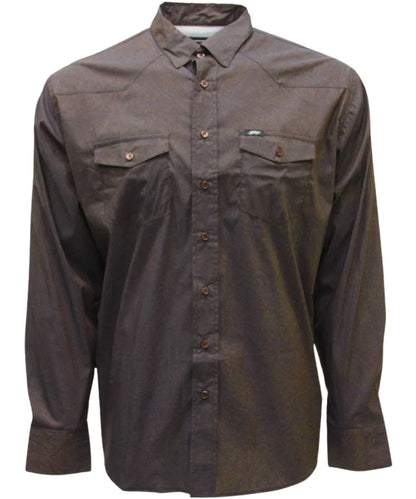 Front view of the men's brown long sleeve button down shirt featuring the tooled leather print, button flap chest pockets, sunglass sleeve, and microfiber lens cloth