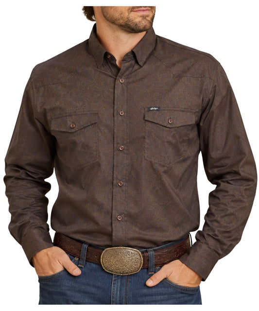 Model view of the men's Hooey Maverick Long Sleeve Button Down Shirt Brown With Tooled Leather Print feather the athletic fit with shirt tail hem