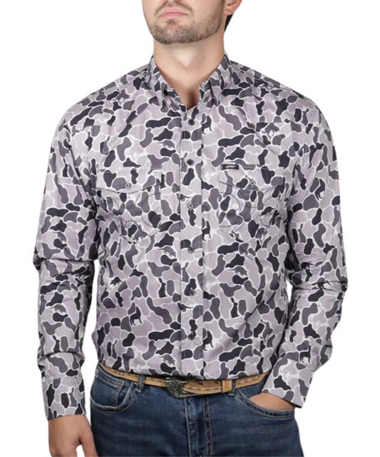 Front view of the men's Hooey Maverick Long Sleeve Button Down Shirt In Grey Camo featuring the chest pockets, athletic fit, and western yokes