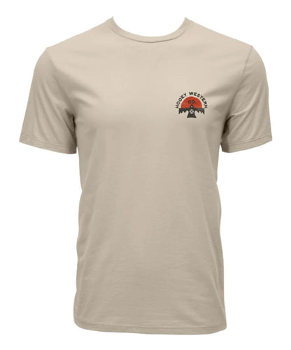 A beige short-sleeve crewneck t-shirt with a small 'World Western' logo printed on the left chest, displayed on a clean white background.