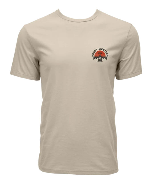 A beige short-sleeve crewneck t-shirt with a small 'World Western' logo printed on the left chest, displayed on a clean white background.